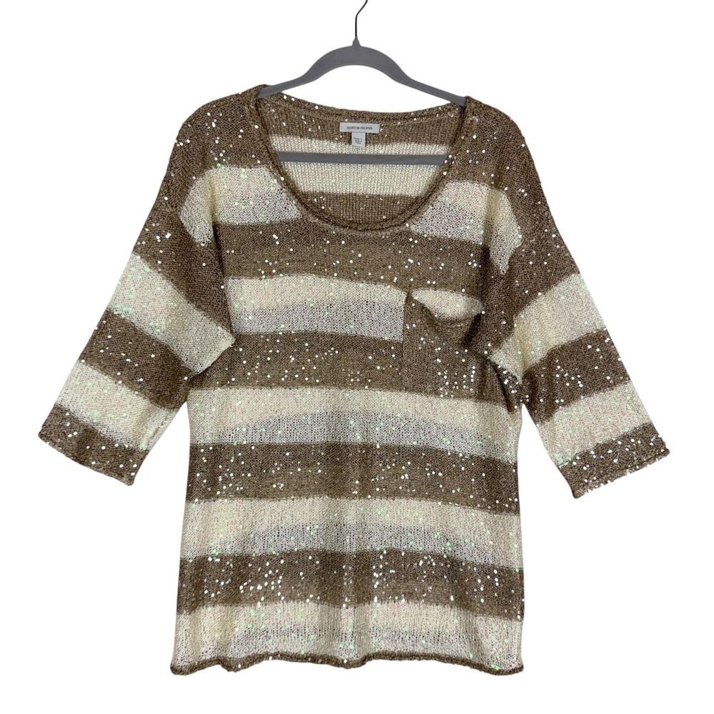 Boston Proper Sweater Womens Large Beige Striped Sequin Open Knit Pullover